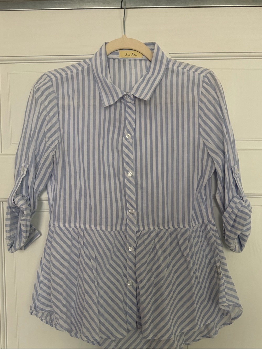 Love Notes | Striped Peplum Button Down Roll-Tab Blouse | Size S